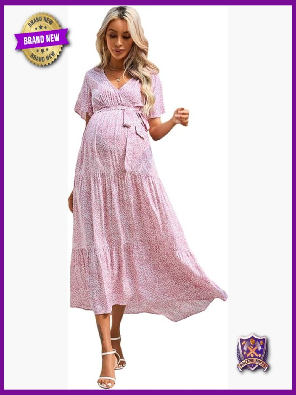 Maternity Maxi Dress V-Neck Puff Sleeve Pleated Baby Shower Flowy